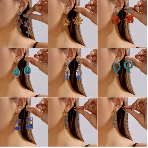 Bohemian Vintage Ethnic Drop Earrings Zinc Alloy Enamel Palm Tree Lotus Elephant Dangle Earrings For Women Beach Jewelry