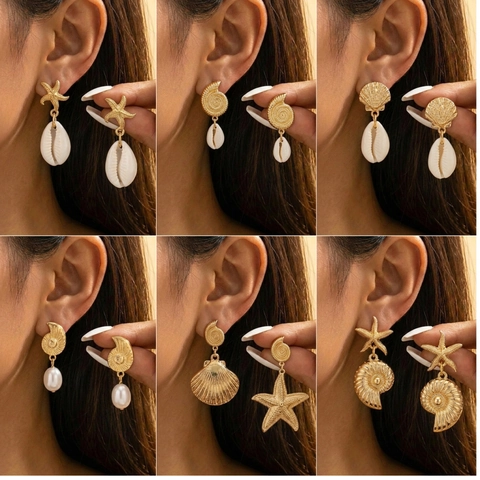 Ocean Theme Gold Alloy Drop Earrings For Women Starfish Shell Scallop Conch Artificial Pearl Summer Beach Jewelry