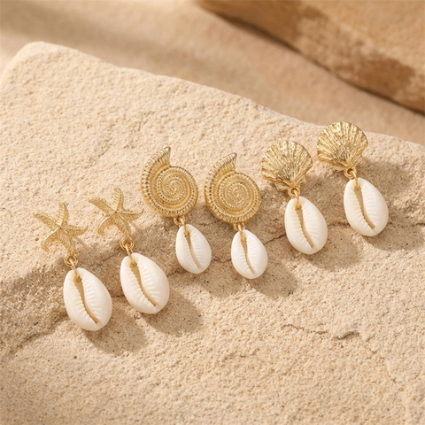 Ocean Theme Gold Alloy Drop Earrings For Women Starfish Shell Scallop Conch Artificial Pearl Summer Beach Jewelry