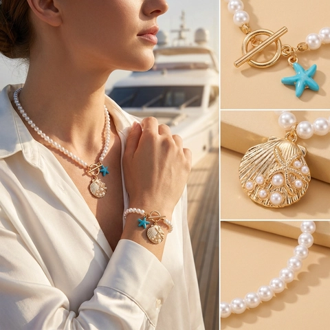 Set di Gioielli Oro con Stella Marina e Conchiglia Perle Artificiali Collana e Bracciale da Donna per Spiaggia e Vacanza