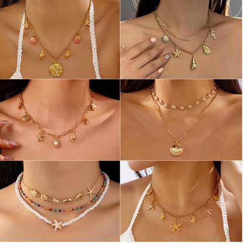 Women Gold Alloy Ocean Theme Necklace Shell Starfish Sea Turtle Pendant Faux Artificial Pearl Layered Beach Vacation Jewelry