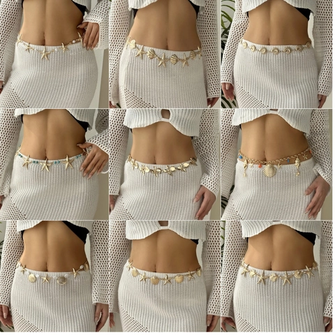 Bohemian Starfish Shell Gold Silver Waist Chain For Women Beach Vacation Body Jewelry Alloy Artificial Pearl Belly Chain