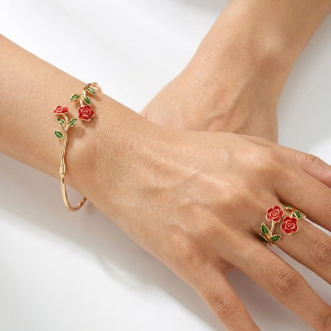 Juego de Joyas de Flores de Moda Aleación de Cobre Esmalte Rosa Girasol Lirio del Valle Pulsera Abierta Ajustable y Anillo para Mujer