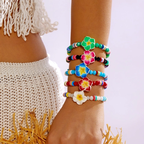 Bohemian Plumeria Flower Bracelet Multicolor Polymer Clay Beaded Starfish Adjustable Drawstring Summer Beach Jewelry For Women