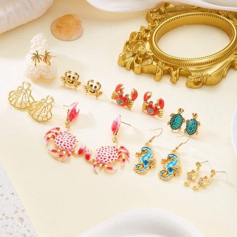 Ocean Animal Enamel Earrings Set For Women Zinc Alloy Seahorse Crab Turtle Stud Earrings Summer Resort Jewelry Accessory