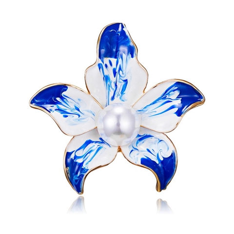 Elegante Broche de Flor de Aleación Con Perla Artificial Azul Blanco Esmalte Floral Pin de Pecho Colgante de Doble Uso para Mujer Accesorio
