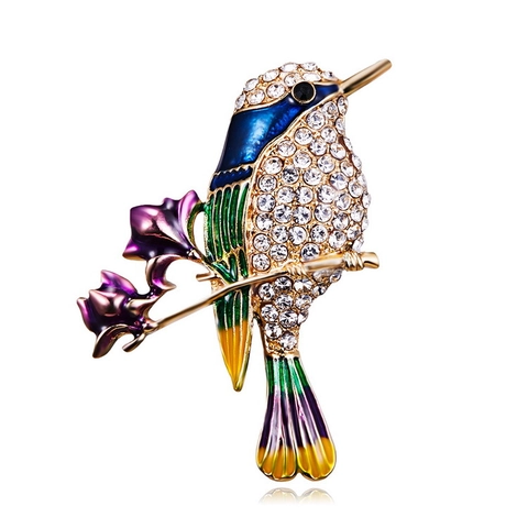 Vintage Alloy Hummingbird Brooch With Purple Flower Colorful Enamel Rhinestone Bird Pin Jewelry For Women Wedding Party Accessory