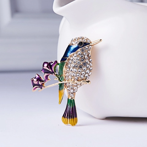 Vintage Alloy Hummingbird Brooch With Purple Flower Colorful Enamel Rhinestone Bird Pin Jewelry For Women Wedding Party Accessory