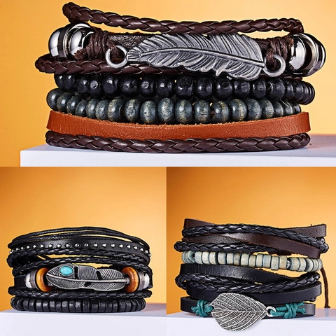 Vintage Multi Layered Leather Braided Bracelet Leaf Feather Pendant Adjustable Retro Bohemian Jewelry For Men Boys