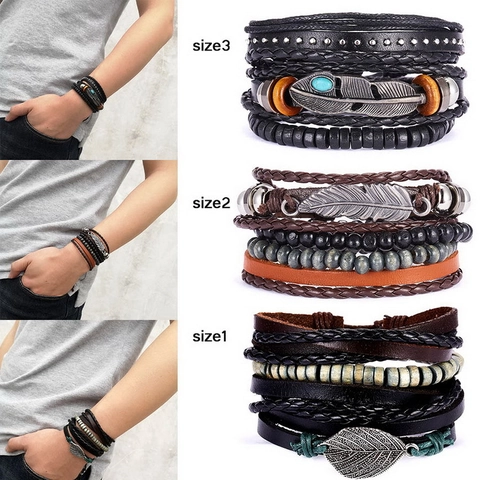Vintage Multi Layered Leather Braided Bracelet Leaf Feather Pendant Adjustable Retro Bohemian Jewelry For Men Boys
