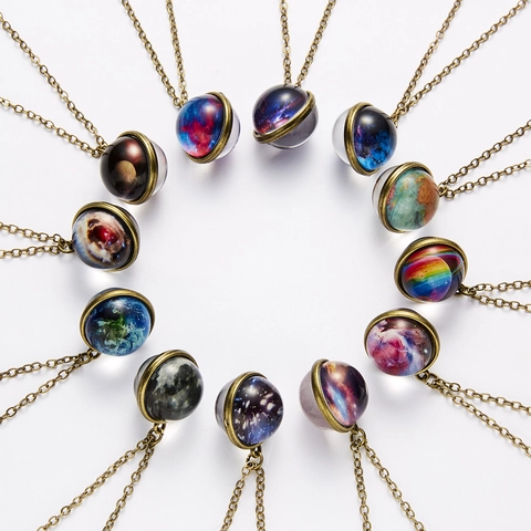 Vintage Luminous Galaxy Pendant Necklace Double Sided Glass Ball Nebula Universe Glow In The Dark Bronze Alloy Jewelry