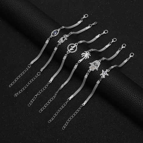 Fashion Women Copper Rhinestone Bracelet Evil Eye Hamsa Hand Heartbeat Charm Multi Layer Chain Silver Plated Jewelry