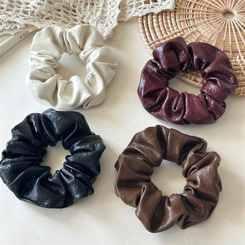 French Vintage PU Leather Scrunchie For Women High Elasticity Solid Color Large Hair Ring Elegant Commute Hair Accessories