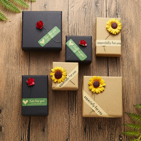 Kraft Paper Sunflower Rose Jewelry Gift Box Square Rectangular Necklace Ring Earrings Display Case Wedding Party Souvenir Box