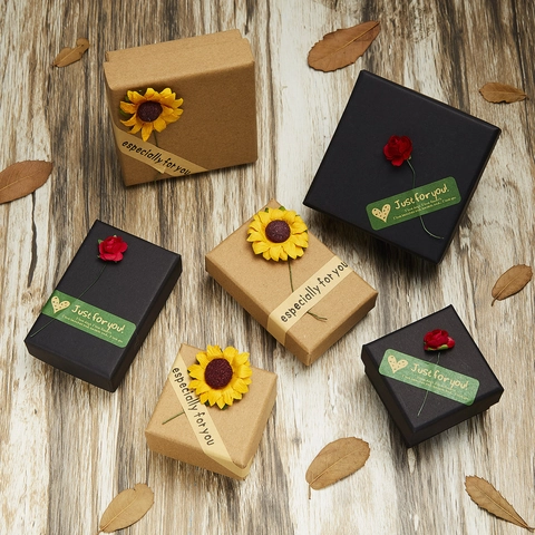Kraft Paper Sunflower Rose Jewelry Gift Box Square Rectangular Necklace Ring Earrings Display Case Wedding Party Souvenir Box