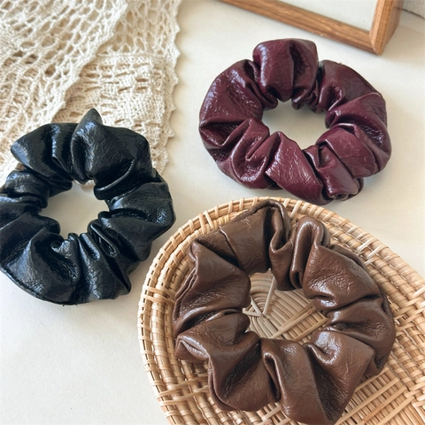 French Vintage PU Leather Scrunchie For Women High Elasticity Solid Color Large Hair Ring Elegant Commute Hair Accessories