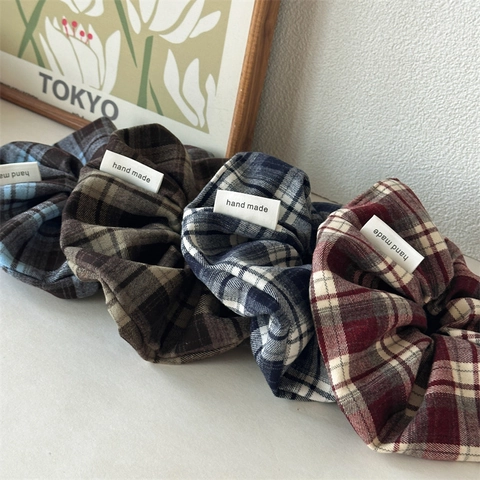Coleteros de Tela de Cuadros Vintage Preppy para Mujer Lazos para el Cabello Grandes Hechos a Mano Accesorios para el Pelo