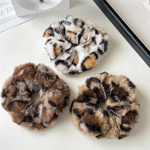 Faux Fur Leopard Print Scrunchies For Women Autumn Winter Plush Elastic Hair Bands Fashion Retro Large Hair Accessories