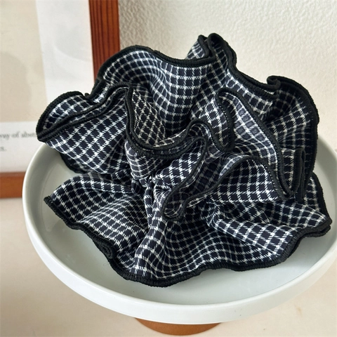 Coletero De Tela De Pata De Gallo A Cuadros Extragrande Elástico Blanco Y Negro Vintage Cuerda Para El Cabello Para Mujeres