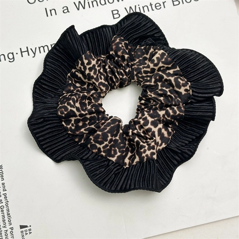 Übergroßes Leopardenmuster Gespleißt Schwarz Plissiert Haargummi Vintage Satin Haarseil Elastisches Haarband Damen Mode Accessoires