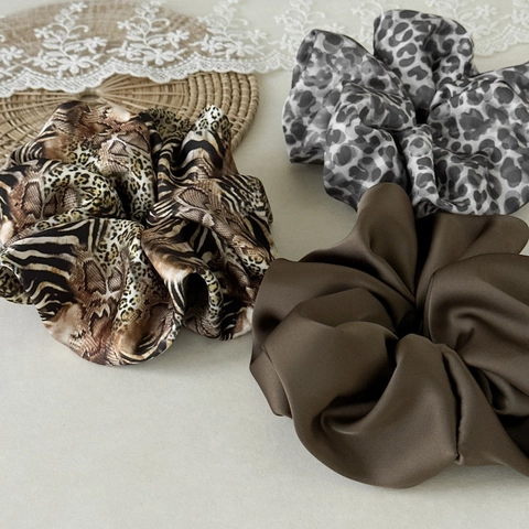 Coletero de Gran Tamaño de Satén de Leopardo Elegante Lazo para el Cabello Francés de Alta Elasticidad Color Sólido Accesorios de Moda Mujer