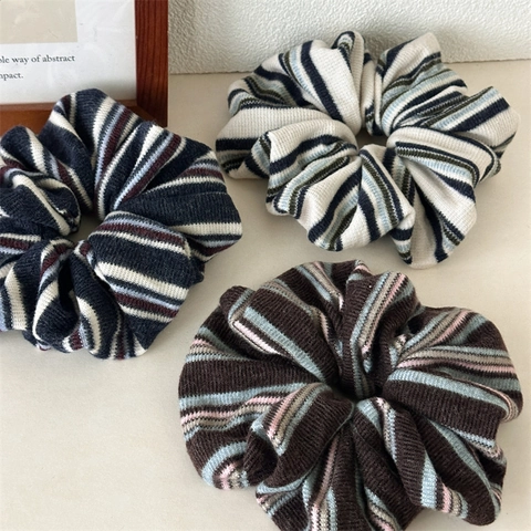 Women Retro Knitted Striped Large Scrunchie Soft Woolen Yarn Hair Tie Elastic Hair Band For Autumn Winter Daily Accessories