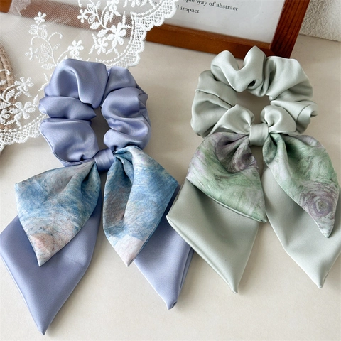Elegante Satin Schleife Haargummis Mit Langem Band Ölgemälde Blumendruck Vintage Haarschmuck Für Damen Mädchen Täglich Haarschmuck
