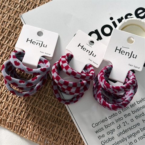 Elastische Gebreide Scrunchies Hart Schaakbord Hahnentritt Patroon Rood Grijs Hoge Rek Paardenstaarthouder Vrouwen Meisjes