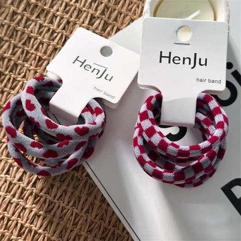 Elastische Gebreide Scrunchies Hart Schaakbord Hahnentritt Patroon Rood Grijs Hoge Rek Paardenstaarthouder Vrouwen Meisjes