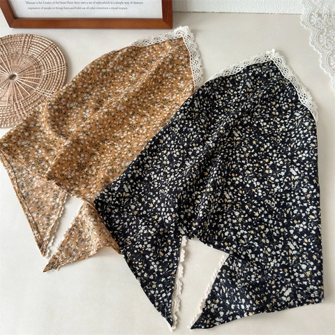 Vintage Blumen Spitze Bandana Baumwollmischung Dreieck Kopftuch Französisch Pastoralen Stil Haarwickel Kopfschmuck Für Frauen