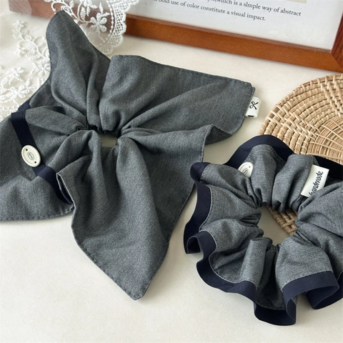 Coleteros de Tela de Color de Contraste Vintage Estilo Coreano Gris Azul Soporte para Coleta Con Botón Etiqueta Hecha a Mano Mujer