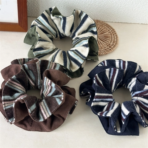 Vintage Gebreide Grote Scrunchie Voor Dames Contrast Gestreepte Kleurblok Elastische Haarelastiek Ruche Zachte Paardenstaart Houder Sieraden