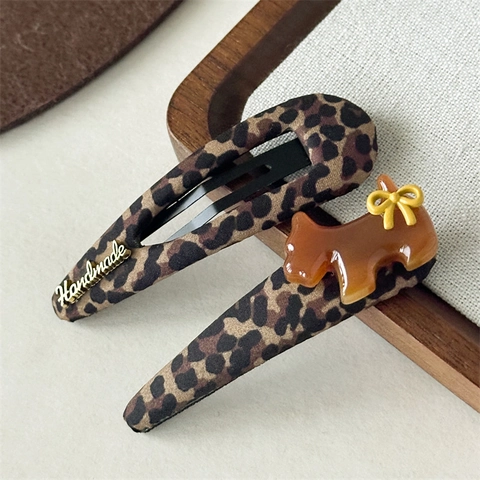 Juego de Pinzas para el Cabello Vintage con Estampado de Leopardo Retro Estilo Francés Lazo de Tela Cachorro de Resina Mujer
