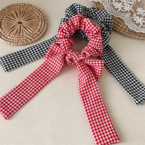 Elastico Scrunchie con Fiocco a Quadretti da Donna con Nastro Lungo in Tessuto Nodo Fermacapelli Accessori per Capelli alla Moda