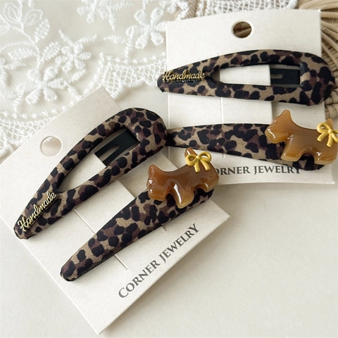 Juego de Pinzas para el Cabello Vintage con Estampado de Leopardo Retro Estilo Francés Lazo de Tela Cachorro de Resina Mujer