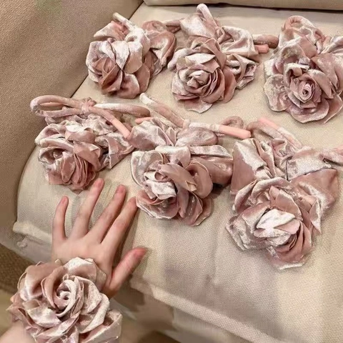 Elegant French Vintage Velvet Rose Flower Scrunchie With Bow Large Handmade Hair Tie Bun Accessory For Women Jewelry