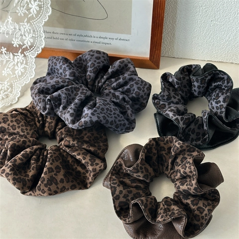 Retro Leopard Print Scrunchie Double Layer Velvet Faux Leather Hair Tie Elastic Ponytail Holder For Women Accessories