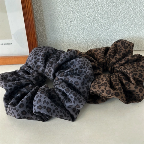 Retro Leopard Print Scrunchie Double Layer Velvet Faux Leather Hair Tie Elastic Ponytail Holder For Women Accessories