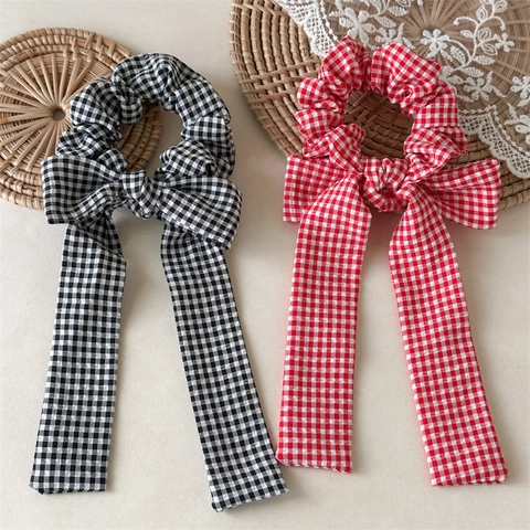 Elastico Scrunchie con Fiocco a Quadretti da Donna con Nastro Lungo in Tessuto Nodo Fermacapelli Accessori per Capelli alla Moda