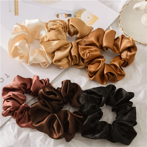 Satiny Satin Large Scrunchies Earth Tone Solid Color Elastic Hair Ties Elegant Oversized Ponytail Holder For Women Girls