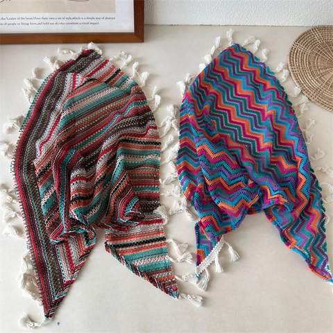 Bohemian Knit Crochet Hollow Out Triangle Scarf Vintage Colorful Tassel Bandana Hair Wrap For Women Sweet Summer Travel Headwear