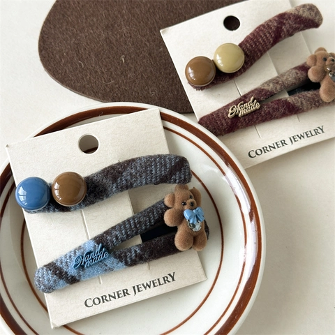 Handgemachte Vintage Karo Stoff Bär Haarklammer Set Für Damen Retro Gestreifte Schleife Haarnadel Herbst Winter Haarschmuck