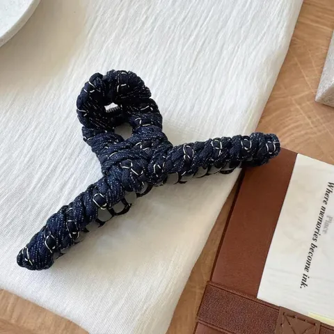 Ensemble de Pince à Cheveux et Serre-tête Tissé Style Denim Vintage Bleu Foncé en Tissu Polyester avec Chaîne en Métal