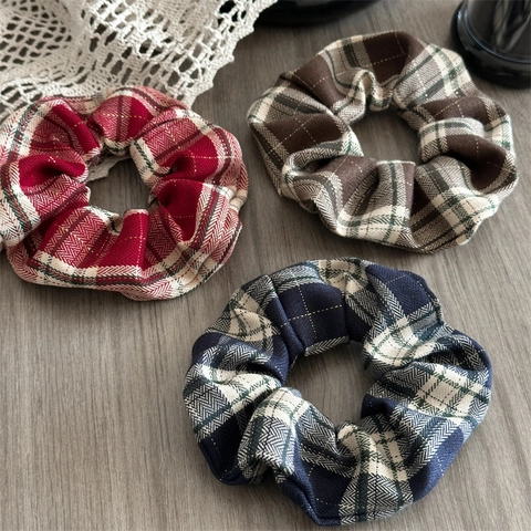 Vintage Plaid Fabric Scrunchies For Women Large Checkered Hair Ties High Elasticity Scottish Style Hair Accessories
