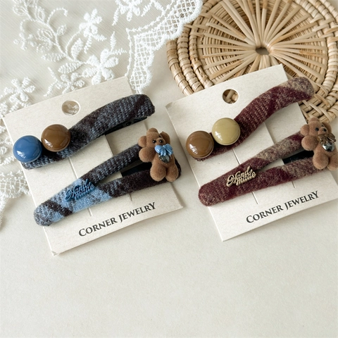 Handgemachte Vintage Karo Stoff Bär Haarklammer Set Für Damen Retro Gestreifte Schleife Haarnadel Herbst Winter Haarschmuck