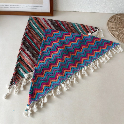 Bohemian Knit Crochet Hollow Out Triangle Scarf Vintage Colorful Tassel Bandana Hair Wrap For Women Sweet Summer Travel Headwear
