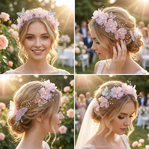 Handgefertigt Rosa Netzgewebe Blume Schmetterling Haarreif Mit Künstliche Perle Für Hochzeit Fotoshooting Prinzessin Haarschmuck