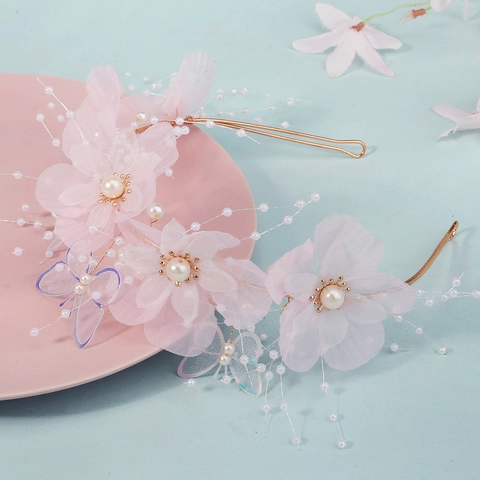 Cerchietto Fatto a Mano con Fiori in Rete Rosa e Farfalle Perle Artificiali Stile Foresta Copricapo da Sposa Matrimonio Festa