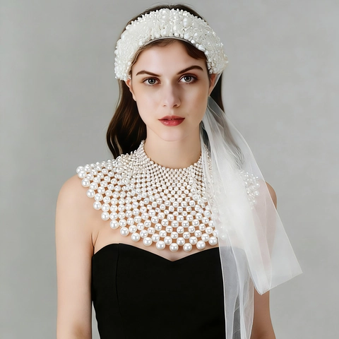Luxury Artificial Pearl Shawl Necklace Statement Mesh Beaded Body Chain For Women Wedding Party Elegant Bridal Jewelry