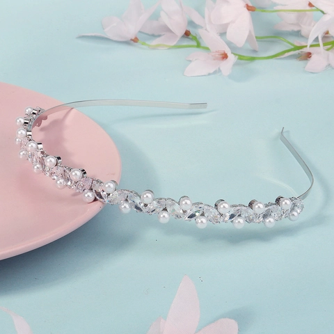 Cerchietto di Lusso Foglia con Zirconia e Perla Artificiale per Donna Lega Argento Strass Cerchietto Capelli Matrimonio Festa Accessori Capelli